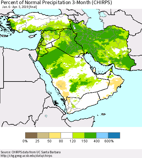 Middle East and Turkey Percent of Normal Precipitation 3-Month (CHIRPS) Thematic Map For 1/6/2019 - 4/5/2019