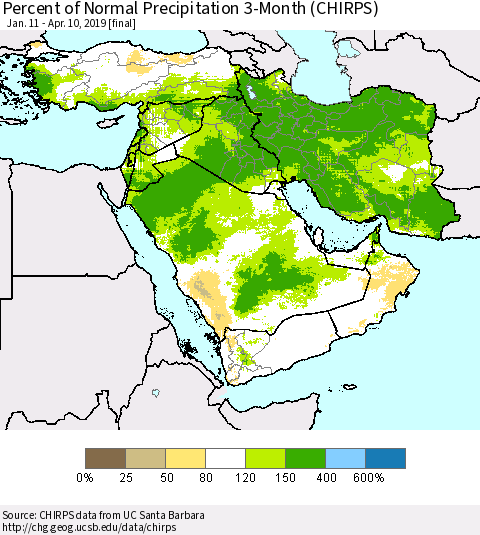 Middle East and Turkey Percent of Normal Precipitation 3-Month (CHIRPS) Thematic Map For 1/11/2019 - 4/10/2019