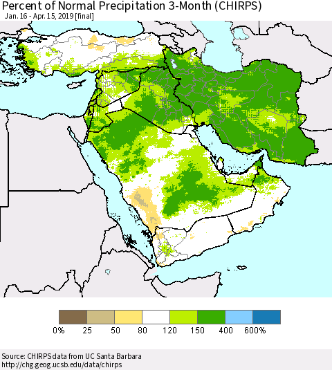 Middle East and Turkey Percent of Normal Precipitation 3-Month (CHIRPS) Thematic Map For 1/16/2019 - 4/15/2019