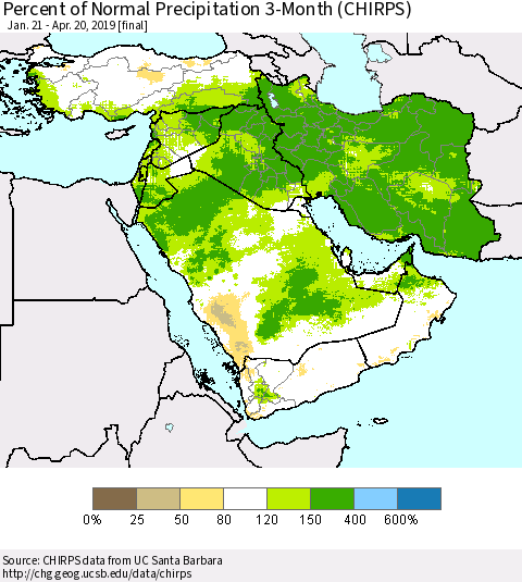 Middle East and Turkey Percent of Normal Precipitation 3-Month (CHIRPS) Thematic Map For 1/21/2019 - 4/20/2019
