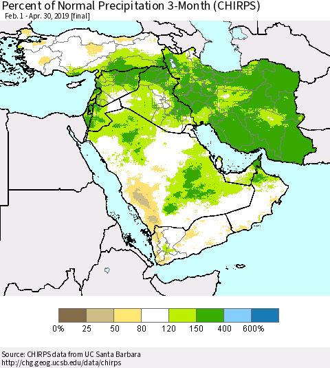 Middle East and Turkey Percent of Normal Precipitation 3-Month (CHIRPS) Thematic Map For 2/1/2019 - 4/30/2019