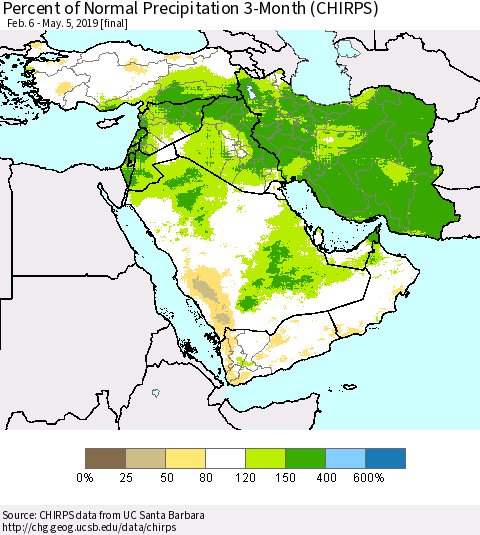 Middle East and Turkey Percent of Normal Precipitation 3-Month (CHIRPS) Thematic Map For 2/6/2019 - 5/5/2019