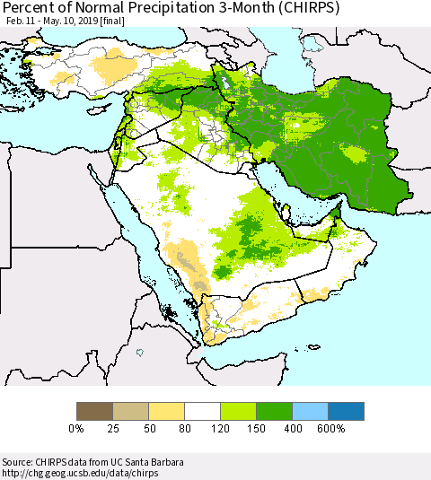 Middle East and Turkey Percent of Normal Precipitation 3-Month (CHIRPS) Thematic Map For 2/11/2019 - 5/10/2019