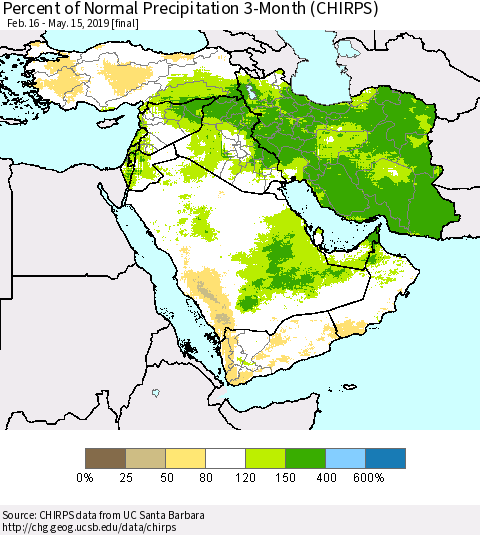 Middle East and Turkey Percent of Normal Precipitation 3-Month (CHIRPS) Thematic Map For 2/16/2019 - 5/15/2019