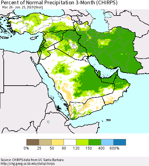 Middle East and Turkey Percent of Normal Precipitation 3-Month (CHIRPS) Thematic Map For 3/26/2019 - 6/25/2019