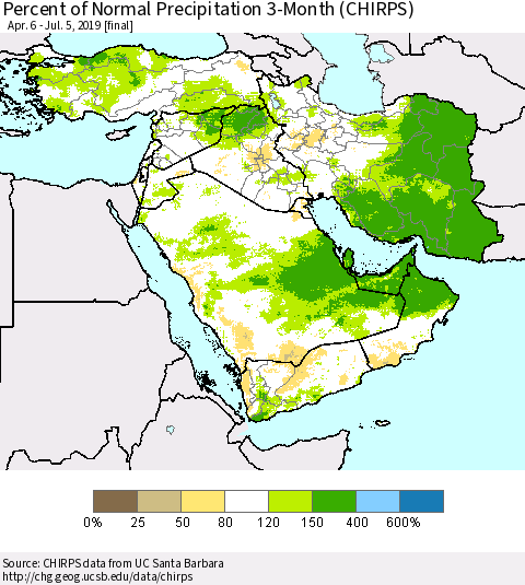 Middle East and Turkey Percent of Normal Precipitation 3-Month (CHIRPS) Thematic Map For 4/6/2019 - 7/5/2019