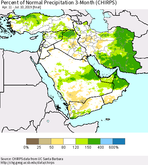Middle East and Turkey Percent of Normal Precipitation 3-Month (CHIRPS) Thematic Map For 4/11/2019 - 7/10/2019