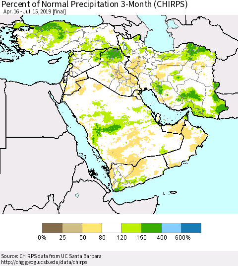 Middle East and Turkey Percent of Normal Precipitation 3-Month (CHIRPS) Thematic Map For 4/16/2019 - 7/15/2019