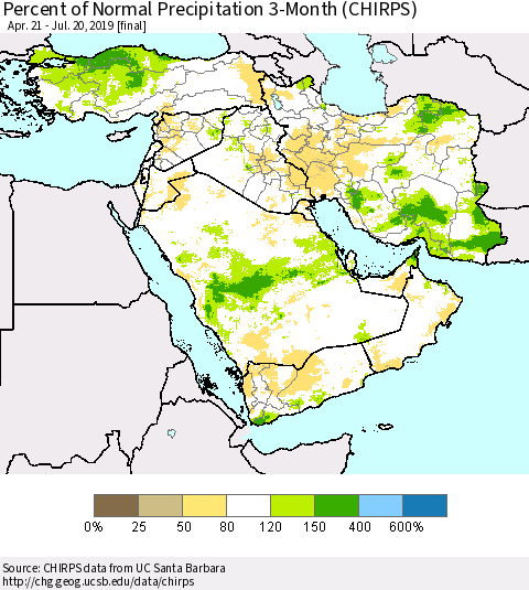 Middle East and Turkey Percent of Normal Precipitation 3-Month (CHIRPS) Thematic Map For 4/21/2019 - 7/20/2019