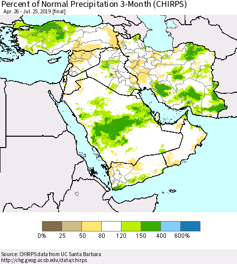 Middle East and Turkey Percent of Normal Precipitation 3-Month (CHIRPS) Thematic Map For 4/26/2019 - 7/25/2019