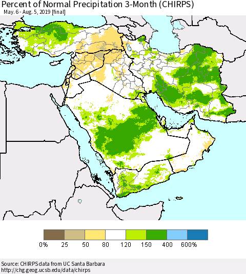 Middle East and Turkey Percent of Normal Precipitation 3-Month (CHIRPS) Thematic Map For 5/6/2019 - 8/5/2019