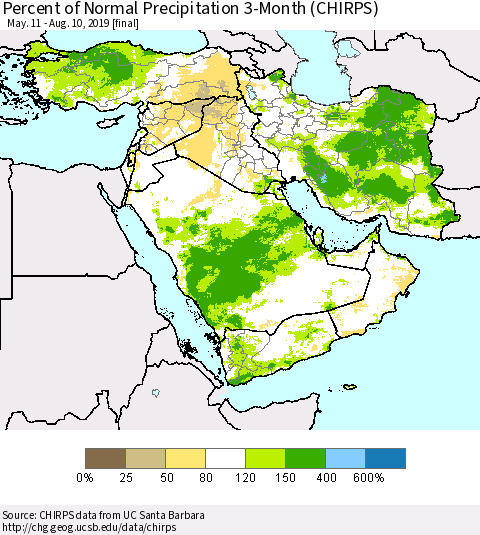 Middle East and Turkey Percent of Normal Precipitation 3-Month (CHIRPS) Thematic Map For 5/11/2019 - 8/10/2019