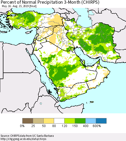 Middle East and Turkey Percent of Normal Precipitation 3-Month (CHIRPS) Thematic Map For 5/16/2019 - 8/15/2019