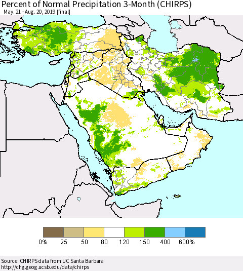 Middle East and Turkey Percent of Normal Precipitation 3-Month (CHIRPS) Thematic Map For 5/21/2019 - 8/20/2019