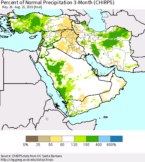 Middle East and Turkey Percent of Normal Precipitation 3-Month (CHIRPS) Thematic Map For 5/26/2019 - 8/25/2019