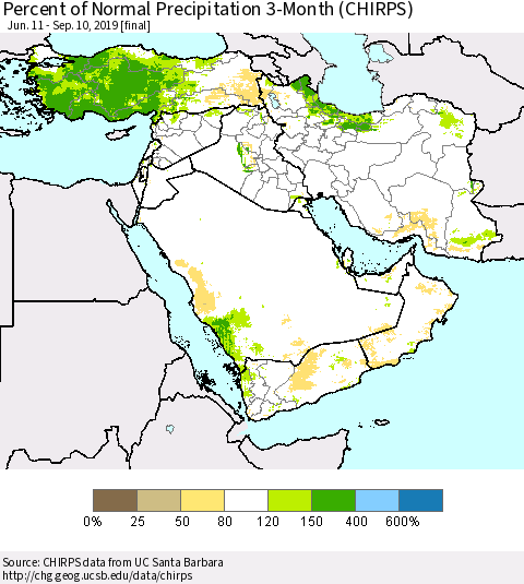 Middle East and Turkey Percent of Normal Precipitation 3-Month (CHIRPS) Thematic Map For 6/11/2019 - 9/10/2019
