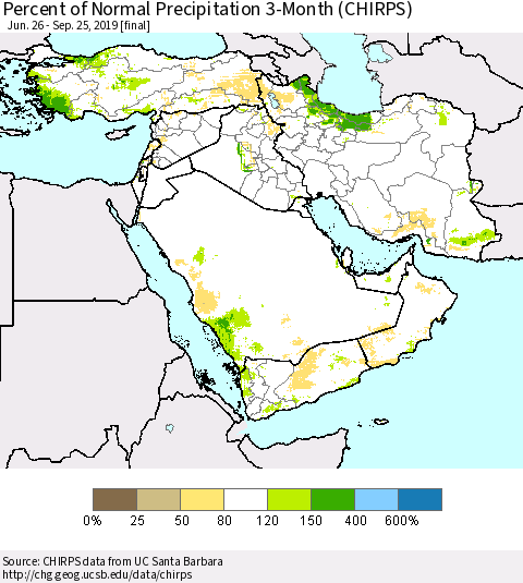 Middle East and Turkey Percent of Normal Precipitation 3-Month (CHIRPS) Thematic Map For 6/26/2019 - 9/25/2019