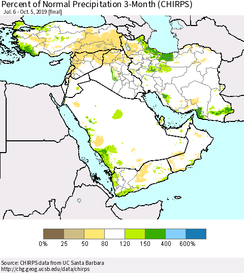 Middle East and Turkey Percent of Normal Precipitation 3-Month (CHIRPS) Thematic Map For 7/6/2019 - 10/5/2019