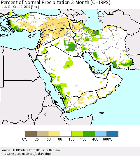 Middle East and Turkey Percent of Normal Precipitation 3-Month (CHIRPS) Thematic Map For 7/11/2019 - 10/10/2019
