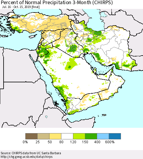 Middle East and Turkey Percent of Normal Precipitation 3-Month (CHIRPS) Thematic Map For 7/16/2019 - 10/15/2019