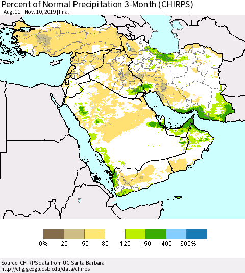 Middle East and Turkey Percent of Normal Precipitation 3-Month (CHIRPS) Thematic Map For 8/11/2019 - 11/10/2019