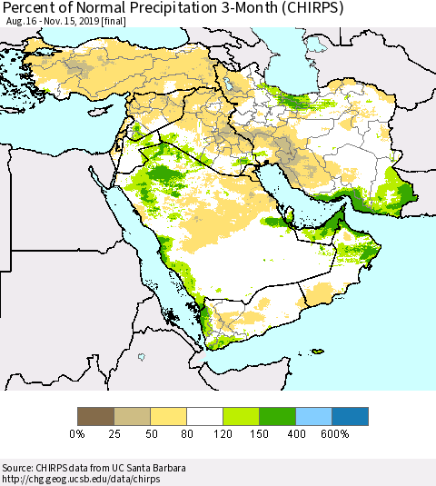 Middle East and Turkey Percent of Normal Precipitation 3-Month (CHIRPS) Thematic Map For 8/16/2019 - 11/15/2019