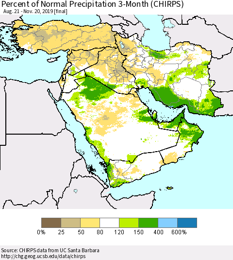 Middle East and Turkey Percent of Normal Precipitation 3-Month (CHIRPS) Thematic Map For 8/21/2019 - 11/20/2019