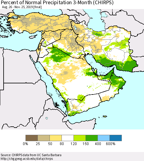 Middle East and Turkey Percent of Normal Precipitation 3-Month (CHIRPS) Thematic Map For 8/26/2019 - 11/25/2019