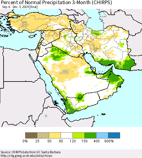 Middle East and Turkey Percent of Normal Precipitation 3-Month (CHIRPS) Thematic Map For 9/6/2019 - 12/5/2019