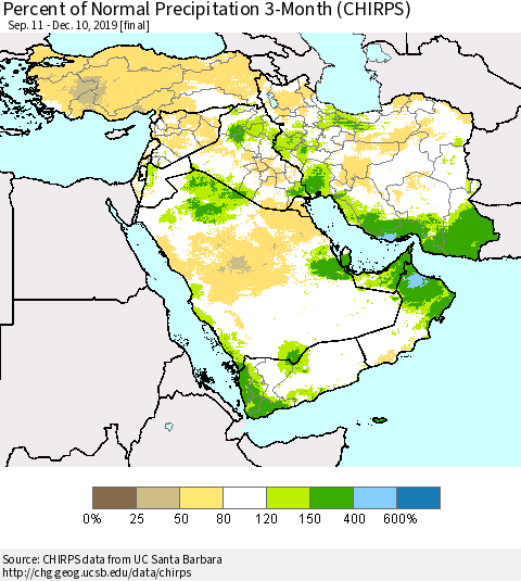 Middle East and Turkey Percent of Normal Precipitation 3-Month (CHIRPS) Thematic Map For 9/11/2019 - 12/10/2019