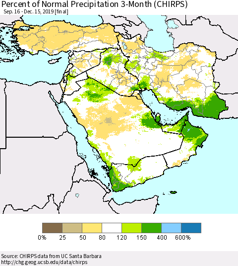 Middle East and Turkey Percent of Normal Precipitation 3-Month (CHIRPS) Thematic Map For 9/16/2019 - 12/15/2019