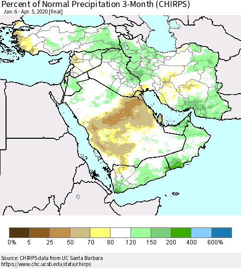 Middle East and Turkey Percent of Normal Precipitation 3-Month (CHIRPS) Thematic Map For 1/6/2020 - 4/5/2020
