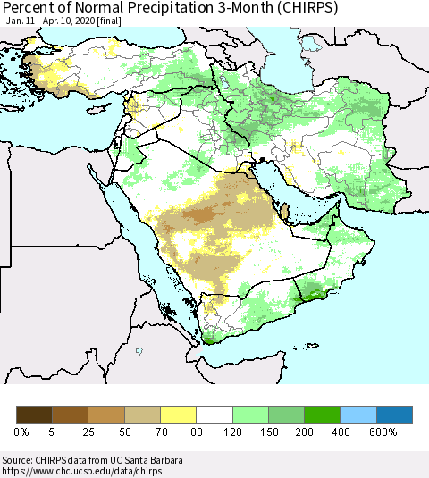 Middle East and Turkey Percent of Normal Precipitation 3-Month (CHIRPS) Thematic Map For 1/11/2020 - 4/10/2020