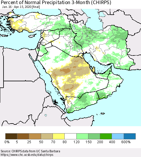 Middle East and Turkey Percent of Normal Precipitation 3-Month (CHIRPS) Thematic Map For 1/16/2020 - 4/15/2020