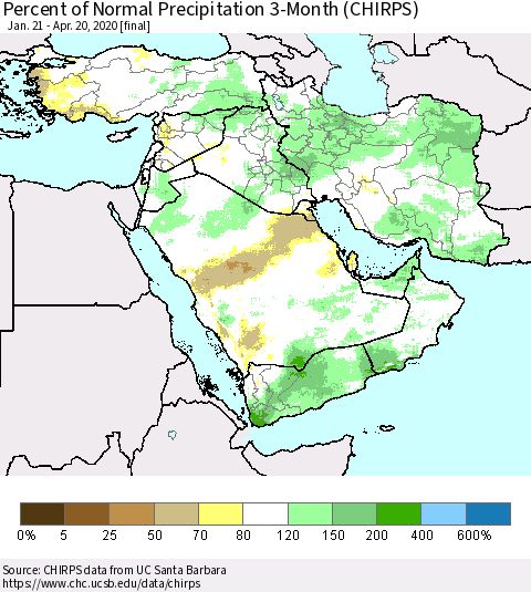 Middle East and Turkey Percent of Normal Precipitation 3-Month (CHIRPS) Thematic Map For 1/21/2020 - 4/20/2020