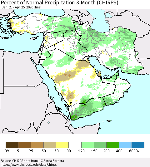 Middle East and Turkey Percent of Normal Precipitation 3-Month (CHIRPS) Thematic Map For 1/26/2020 - 4/25/2020