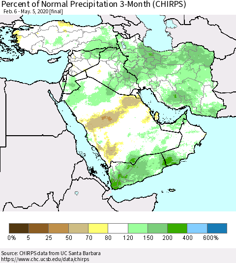 Middle East and Turkey Percent of Normal Precipitation 3-Month (CHIRPS) Thematic Map For 2/6/2020 - 5/5/2020