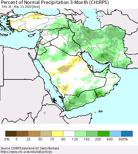 Middle East and Turkey Percent of Normal Precipitation 3-Month (CHIRPS) Thematic Map For 2/16/2020 - 5/15/2020