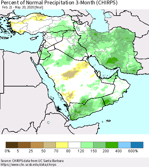Middle East and Turkey Percent of Normal Precipitation 3-Month (CHIRPS) Thematic Map For 2/21/2020 - 5/20/2020