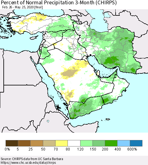 Middle East and Turkey Percent of Normal Precipitation 3-Month (CHIRPS) Thematic Map For 2/26/2020 - 5/25/2020