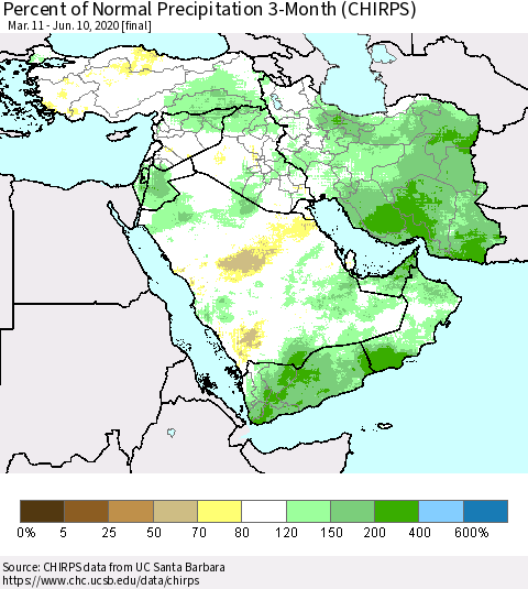Middle East and Turkey Percent of Normal Precipitation 3-Month (CHIRPS) Thematic Map For 3/11/2020 - 6/10/2020