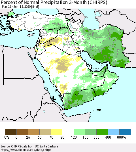 Middle East and Turkey Percent of Normal Precipitation 3-Month (CHIRPS) Thematic Map For 3/16/2020 - 6/15/2020