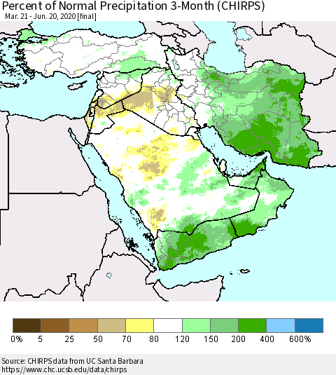 Middle East and Turkey Percent of Normal Precipitation 3-Month (CHIRPS) Thematic Map For 3/21/2020 - 6/20/2020