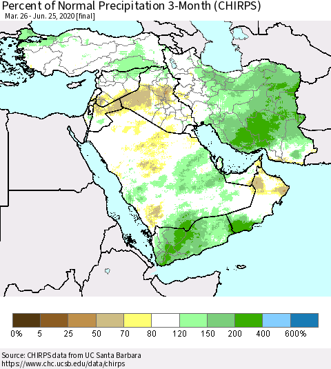 Middle East and Turkey Percent of Normal Precipitation 3-Month (CHIRPS) Thematic Map For 3/26/2020 - 6/25/2020