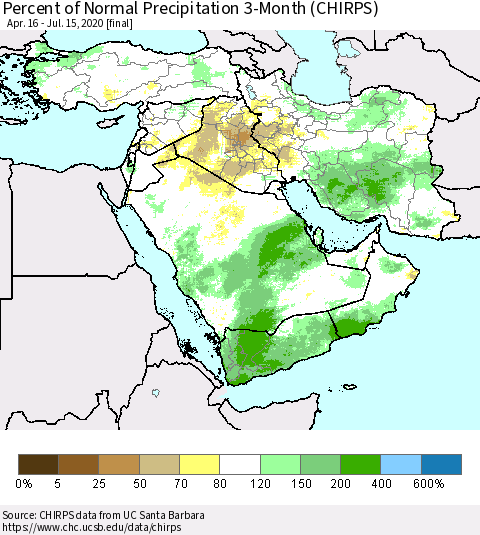 Middle East and Turkey Percent of Normal Precipitation 3-Month (CHIRPS) Thematic Map For 4/16/2020 - 7/15/2020