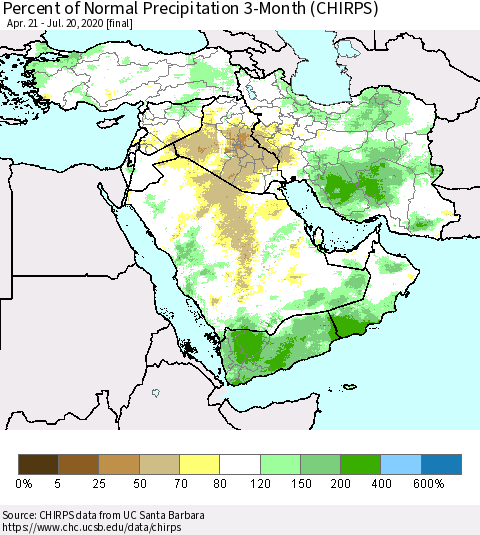 Middle East and Turkey Percent of Normal Precipitation 3-Month (CHIRPS) Thematic Map For 4/21/2020 - 7/20/2020