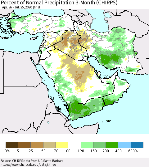 Middle East and Turkey Percent of Normal Precipitation 3-Month (CHIRPS) Thematic Map For 4/26/2020 - 7/25/2020