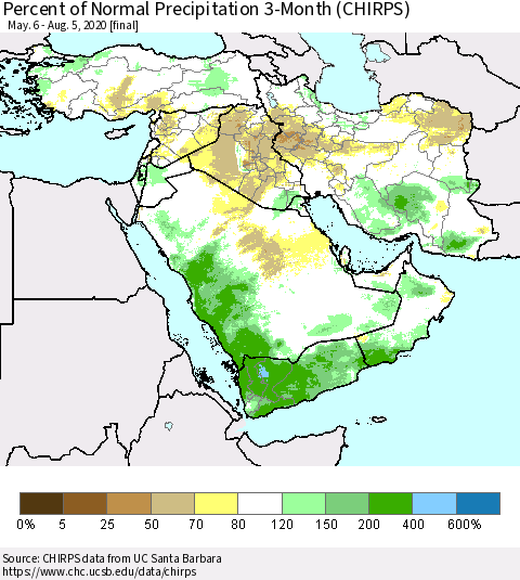 Middle East and Turkey Percent of Normal Precipitation 3-Month (CHIRPS) Thematic Map For 5/6/2020 - 8/5/2020
