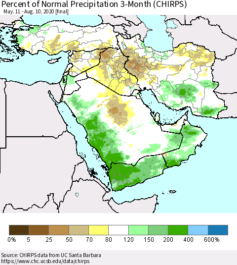 Middle East and Turkey Percent of Normal Precipitation 3-Month (CHIRPS) Thematic Map For 5/11/2020 - 8/10/2020
