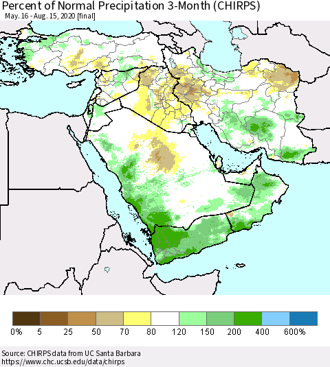 Middle East and Turkey Percent of Normal Precipitation 3-Month (CHIRPS) Thematic Map For 5/16/2020 - 8/15/2020